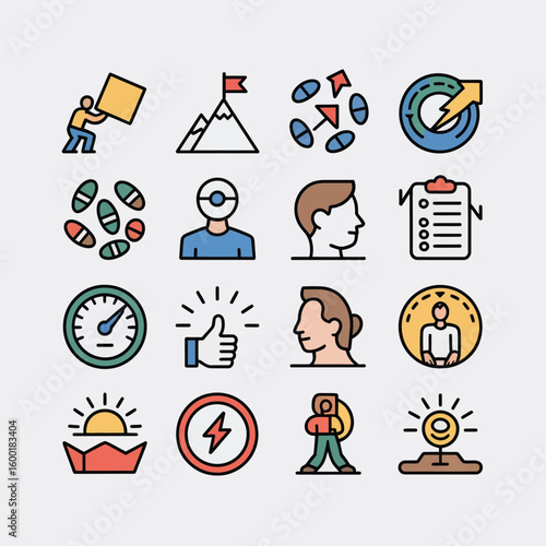 Colorful Collection of Fifteen Linear Style Icons Depicting Business Concepts such as Goal Setting Teamwork Progress and Innovation