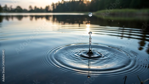 
1. A single water droplet falls into a calm pond, sending out gentle concentric ripples on the still surface.