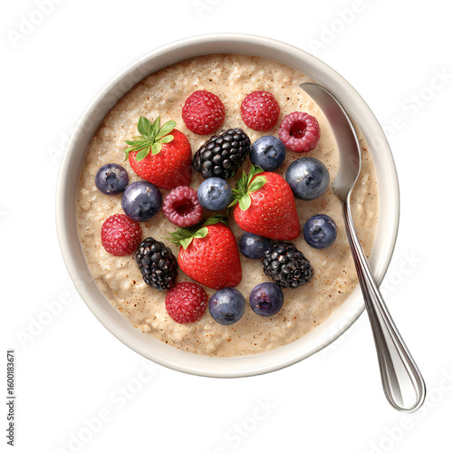 Delicious oatmeal breakfast bowl with fresh berries and spoon served on transparent background