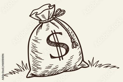 Handcrafted Finance Icon – Green Money Bag on White Background
