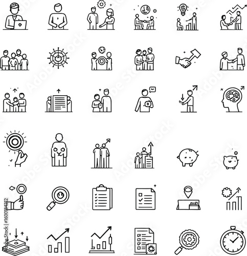 A collection of simple, clean line icons depicting various business and teamwork concepts.