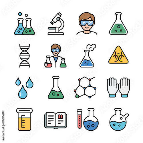 Colorful Science Icons Set Featuring Erlenmeyer Flasks Beakers Test Tubes Microscope D N A Molecule Scientist Gloves and Biohazard Symbol