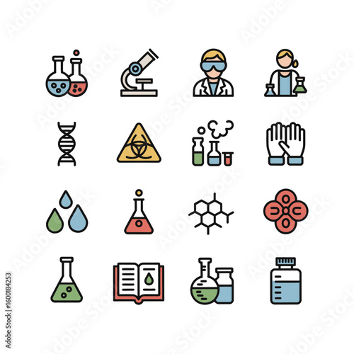 Colorful Science Icons Set Featuring Erlenmeyer Flasks Microscopes D N A Strands Biohazard Symbol and Lab Gloves
