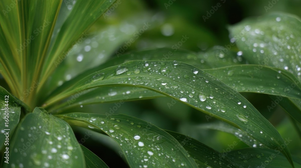 Obraz premium Close-up of a green leaf with water droplets on it. the leaf appears to be a type of tropical plant, possibly a palm or a similar type of leafy plant.