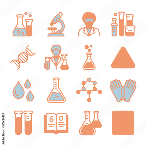 Colorful Science Icons Set Featuring Erlenmeyer Flasks Test Tubes Microscope D N A Molecule Biohazard Symbols Scientists and Lab Equipment