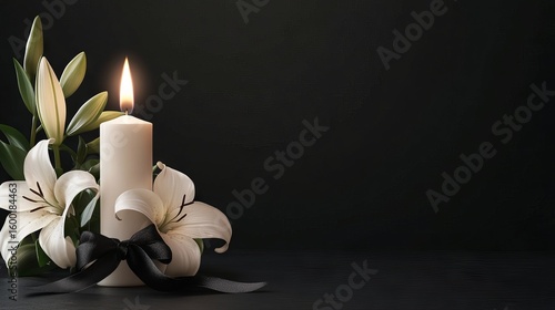 Black funeral background with candle and white lilies, minimal condolence design