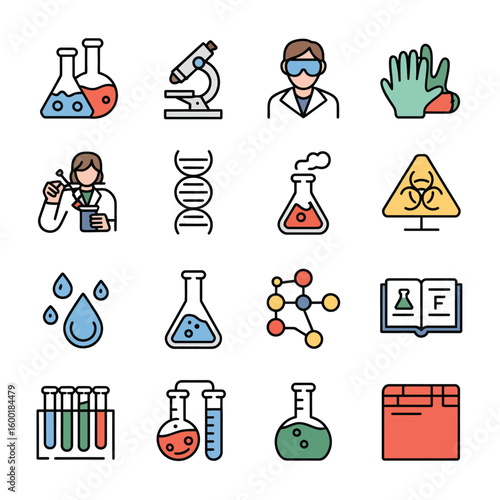 Colorful Science Icons Set Featuring Erlenmeyer Flasks Test Tubes Microscope D N A Molecule Biohazard Symbol and Scientist Illustrations