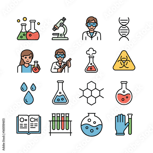 Colorful Science Icons Set Featuring Erlenmeyer Flasks Test Tubes Microscope D N A Strand Scientists and Chemical Formulas Illustrative Vector