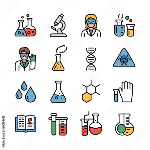 Colorful Science Icons Set Featuring Erlenmeyer Flasks Test Tubes Microscopes D N A Strands Scientists Gloves and Biohazard Symbol