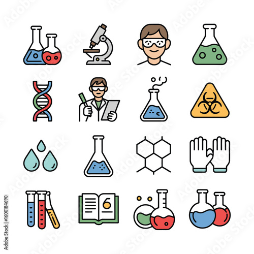 Colorful Science Icons Set Featuring Flasks Microscopes D N A Scientist Gloves and Biohazard Symbol Chemistry Lab Equipment Illustrations for