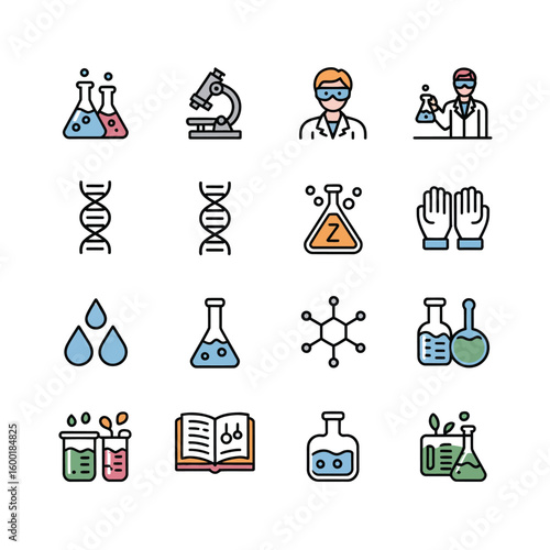Colorful Science Icons Set Including Erlenmeyer Flasks D N A Strands Microscope Scientists Gloves Chemical Molecules and Open Book