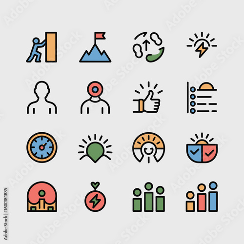 Fifteen Colorful Line Icons Depicting Achievement Progress Success Teamwork and Goal Setting Concepts