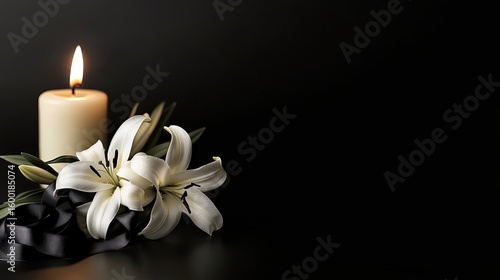 Black funeral background with candle and white lilies, minimal condolence design