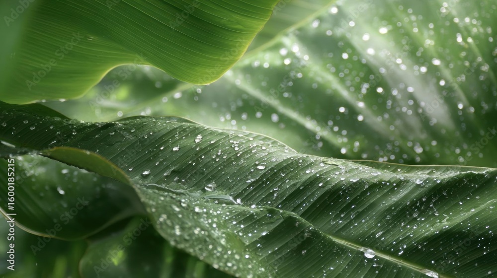 Obraz premium Close-up of a group of green leaves with water droplets on them. the leaves are large and have a glossy texture.