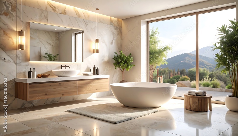 Fototapeta premium Modern Bathroom with Mountain View Natural Light Bathtub and Double Sink