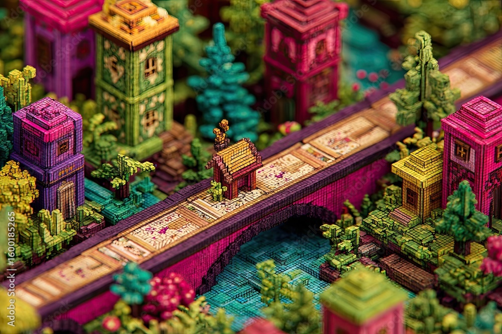 Fototapeta premium Voxel-style town with colorful buildings, trees, and bridge