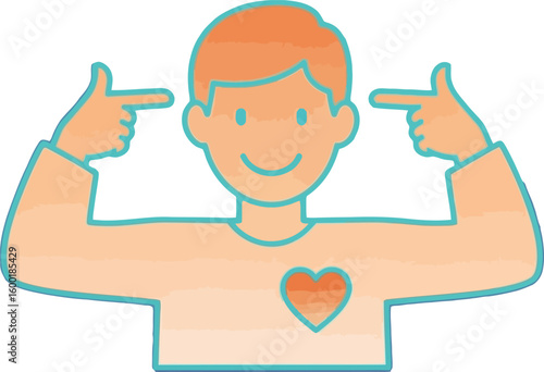 A smiling person pointing to their head and chest, indicating self-awareness and love.