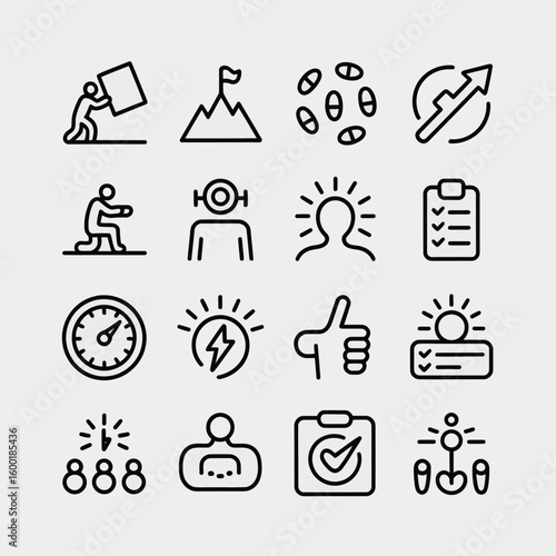 Sixteen Black Linear Icons Depicting Business Concepts such as Teamwork Goal Achievement Progress and Success Metrics on a Light Gray Background