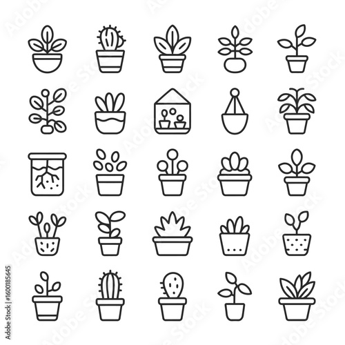 Thirty diverse potted plant icons black line art illustrations various succulents cacti houseplants displayed in a grid simple minimalist design