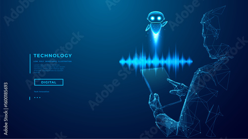 Futuristic AI assistant concept. Digital human with tablet interacts with glowing chatbot and sound wave. Smart voice bot, artificial intelligence, virtual communication. Tech Blue Vector Illustration
