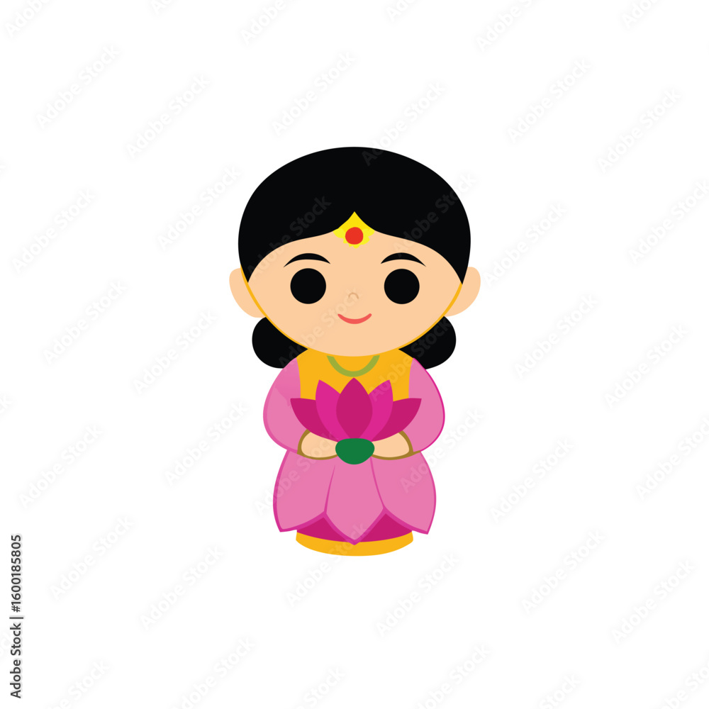Cute Cartoon Of A Thai Girl Holding A Lotus Flower Cute Cartoon Of A Thai Girl Holding A Lotus Flower