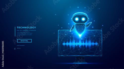 Futuristic AI assistant communication via desktop PC. Digital human interacts with glowing chatbot and voice wave . Concept of smart assistant, AI, virtual interface. Blue vector tech illustration.