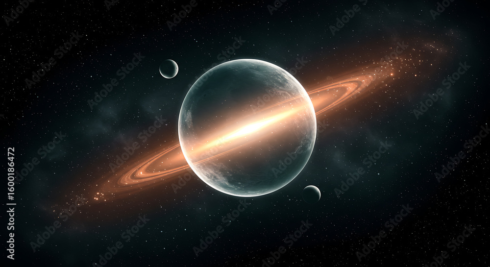 Obraz premium In the profound darkness of deep space, an abstract celestial alignment unfolds as glowing planets, infused with vibrant cosmic energy, engage in a mystical, harmonious dance.