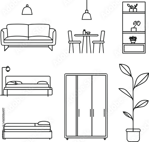 Minimal black and white home and furniture icon set in clean line art style. Include sofa, lamp, dining table, wardrobe, bed, shelf, and floor plant 4