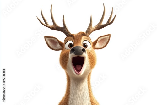 A Cheerful Cartoon Deer with Big Antlers and an Expressive Face, Showcasing a Joyful and Animated Personality Against a White Background