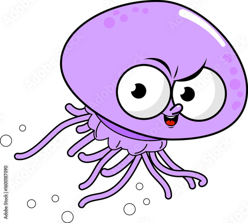 Cartoon jelly fish. Sea animal swimming in the sea. Funny angry medusa sting underwater. Vector Illustration