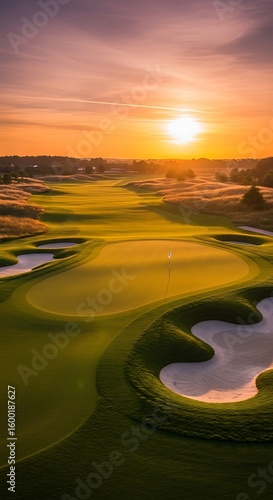 Beautiful aerial view of a golf course at golden sunset