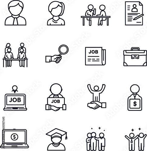 This set of line icons visually represents various stages and aspects of the job search and career journey.