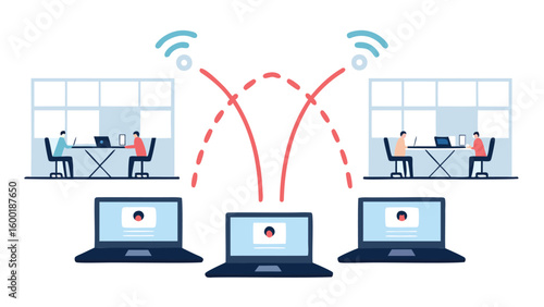 Illustration of a networked office environment with laptops and wifi signal connections shown clearly