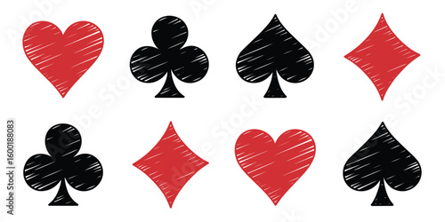 Crayon Drawn Poker Card Suits Collection. Hand-Drawn Hearts, Clubs, Spades, Diamonds in Red and Black. Vector Doodle Elements for Playing Cards, Games, and Creative Designs.

