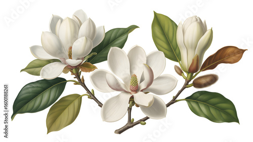 Elegant Magnolia Blossoms Botanical Illustration isolated on transparent background