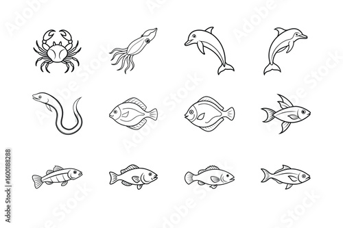 Sea Creatures Outline Illustration Vector illustration