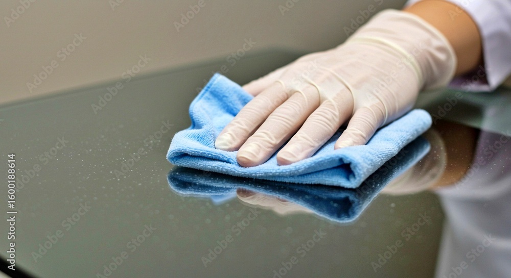 Fototapeta premium Hand in glove cleaning surface with microfiber cloth