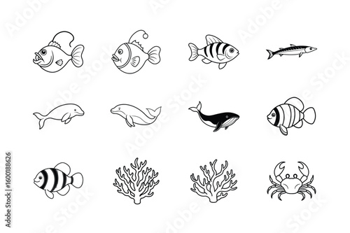 Tropical Fish Line Art Icons Vector illustration