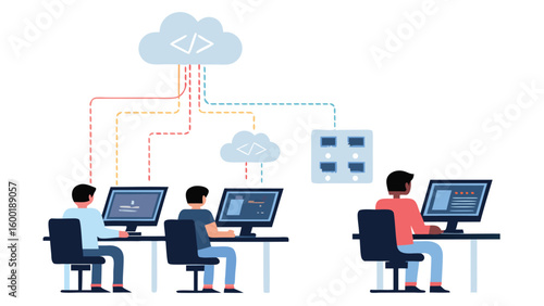 Illustration of people working on computers connected to cloud servers and a network switch panel