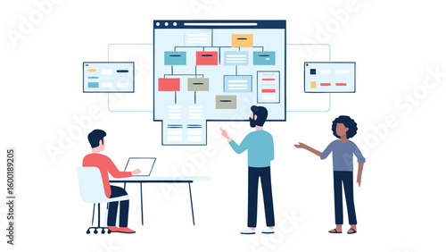Team discussing a flowchart on a screen with a person working on a laptop at a desk in a bright office