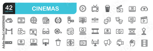 Set of line icons related to film, industry, theater, art, cinemas.  Outline icons collection. Editable stroke. Vector illustration