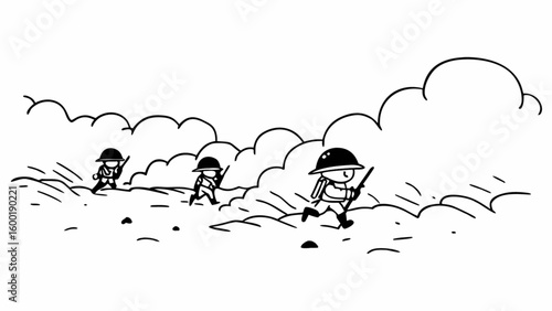 Cartoon world war i soldiers running through battlefield scene vector illustration black and white drawing