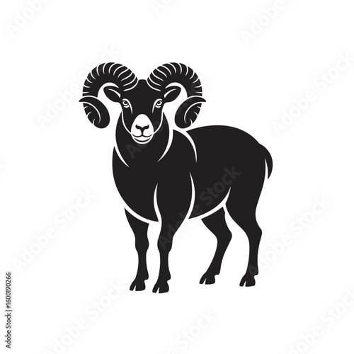Strong Black Ram Silhouette with Large Horns Standing - Majestic Bighorn Sheep Vector Illustration for Wildlife, Zodiac, and Farm Designs

