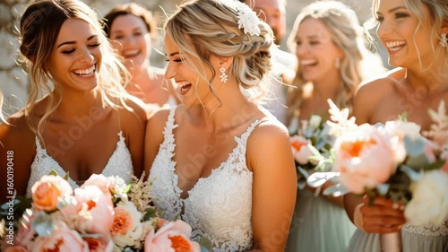 Candid moment of the bridal party laughing together, captured in vibrant sunlight, joyful and spontaneous wedding photography