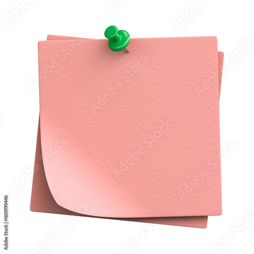 Blank pink sticky note pad with a green pushpin. 3D render of office supplies for messages and reminders, isolated on a transparent background.