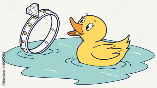 Cartoon duck in water looking at diamond ring illustration vector graphic design element art