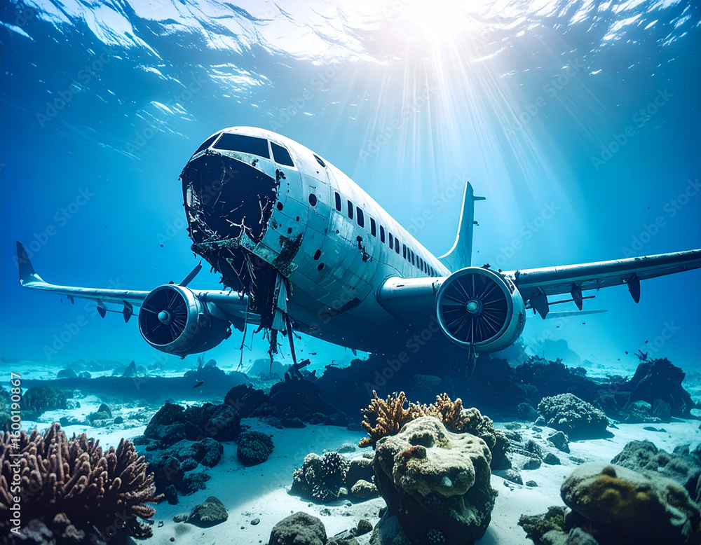Obraz premium Sunlit Sunken Plane with Coral Reef.