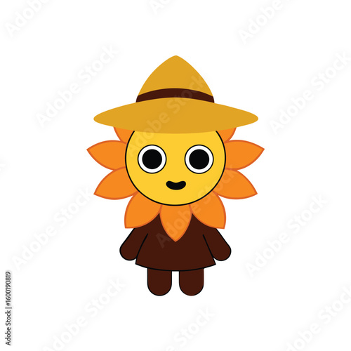 Cartoon Scarecrow With Sunflower Hat Smiling