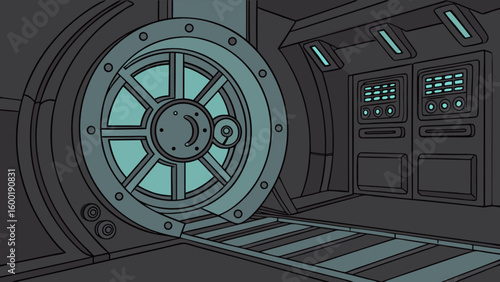 Explore the futuristic vault door entrance in this sci fi bunker illustration vector design element