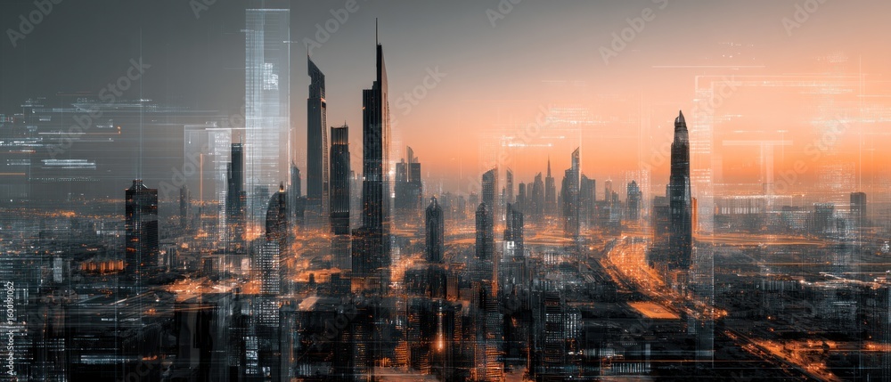 Fototapeta premium Futuristic Cityscape at Sunset: A Digital Metropolis